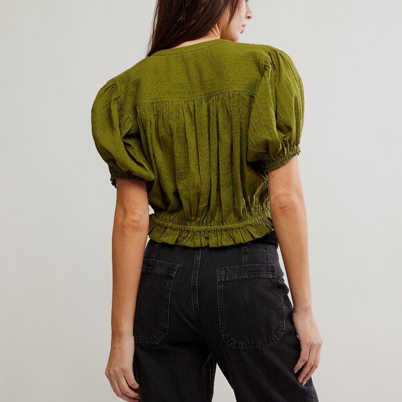 Free People Olive Green Cropped Blouse Top NEW - Picture 3 of 5